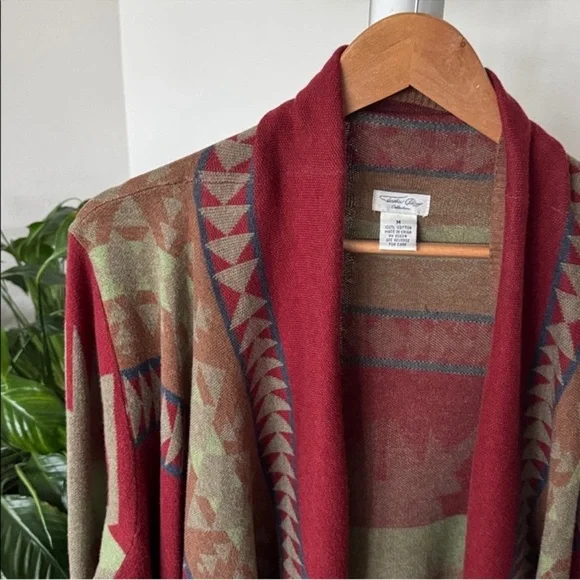 Tasha Polizzi Southwestern Drape Fringe cardigan sweater Sz M Brown Red Open - Picture 5 of 12